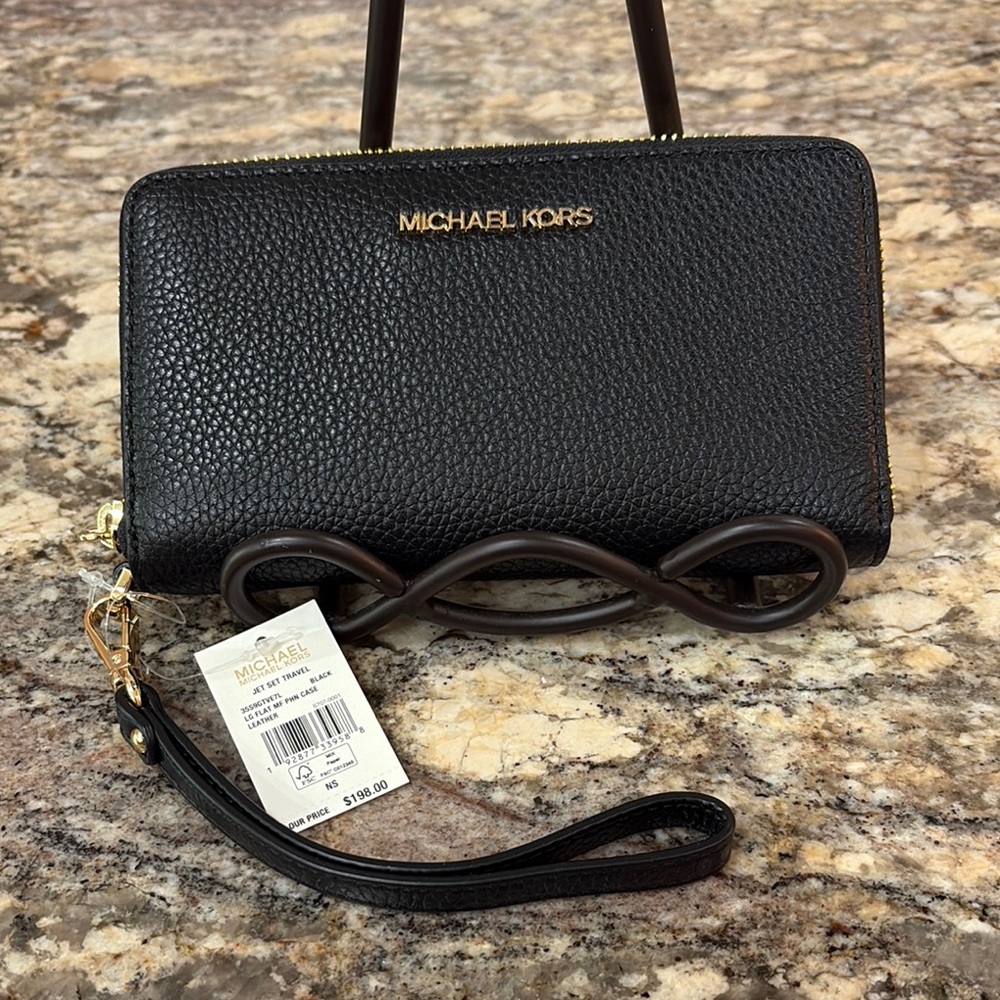 NWT Michael Kors Black Leather Wristlet/ Phone Case